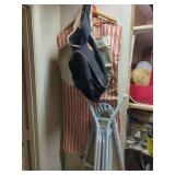 Household Lot Including Foldable Ironing Board, Canvas Bags, and Fabric Cover