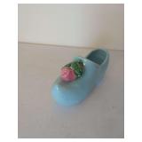 McCoy Ceramic Blue Shoe Planter with Pink Rose Applique