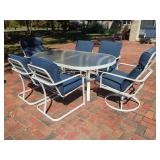 Metal Frame Patio Dining Set with Glass Top Table and Six Chairs