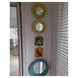 Lot of Five Wall Decor Items Including Three Round Mirrors and Two Ceramic Wall Vases