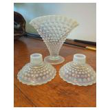 Three-Piece White Opalescent Hobnail Glass Console Set with Ruffled Vase and Two Candle Holders