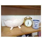 Lot of Household Items Including Louisville Stoneware Mug, Timex Alarm Clock, and Pink Glass Footed Bowl