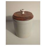 R.R.P. Co. Roseville Ohio Stoneware Crock with Alliance Plastics Wooden Lid