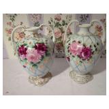 Nippon Hand Painted Two-Handled Porcelain Vases with Raised Enamel Roses, Pair
