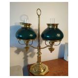 Double Student Lamp with Brass Finish and Green Glass Shades