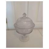 Clear Pressed Glass Covered Compote with Etched Landscape and Foliate Motifs