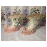 Hull Pottery USA W-7-7.5 Ceramic Cornucopia Vases Pair