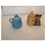 Ceramic Beehive Honey Pot with Bear Figurine and Blue Beehive Creamer Pitcher Set