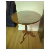 Round Wood Accent Table with Glass Top and Tripod Base