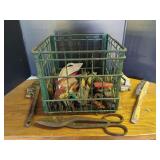 Assorted Metal Hand Tools and Hardware in Green Wire Basket