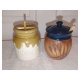 Set of Two Ceramic Honey Pots with Wooden Dippers