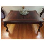 Mahogany Finish Coffee Table with Inlaid Border and Carved Cabriole Legs