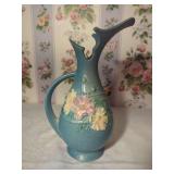 Blue Ceramic Floral Ewer Pitcher with Handle and Spout