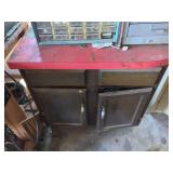 Wooden Base Cabinet with Formica Countertop and Assorted Contents