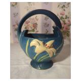 Roseville Blue Water Lily Pottery Basket Planter