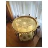 Two-Tier Brass Tray Table with Wooden Stand