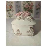 Ceramic Trinket Box with Pink Roses and Gold Gilded Leaf Accents Made in Japan