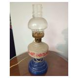 Electric Table Lamp with Blue Base and Floral Glass Shade