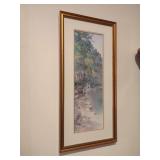 Framed Watercolor Print of River Landscape with Figures