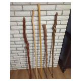 Collection of Five Handcrafted Wooden Walking Sticks and Hiking Staffs