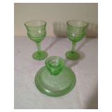 Green Glass Stemware And Candlestick Holder Set