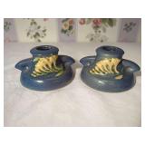 Roseville Pottery Blue Water Lily Double Handled Candlestick Holders Pair