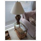 Rattan and Wicker Accent Table with Glass Top and Table Lamp