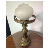 Electric Table Lamp with Frosted Glass Shade and Ornate Metal Base
