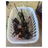 Assorted Electronics and Tools in Plastic Basket