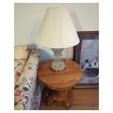 Pressed Glass Table Lamp with Fabric Shade and Round Wooden Accent Table