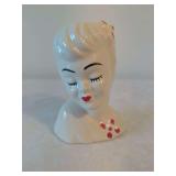 Ceramic Glazed Female Head Planter with Red Polka Dot Accents