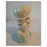 Ceramic Lady Head Vase Planter with Blue Accents