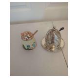 Two Honey Pots with Dipper and Spoon