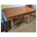 Quarter Sawn Oak Library Table with Lower Shelf and Casters