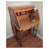 Oak Roll Top Desk and Metal Table Lamp