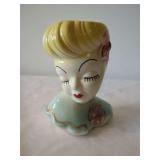 Ceramic Blonde Woman Head Vase Planter with Floral Accents