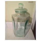 Large Italian Hexagonal Aqua Glass Storage Jar with Lid