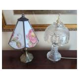 Two Accent Table Lamps Featuring Ellen Coomer Painted Floral Stained Glass Shade Lamp and Crystal Cut Glass Lamp