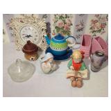 Assorted Decorative Home Decor Lot Featuring Cha Cult Teapot Clock Figurines and Vases