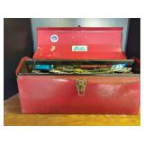 Red Metal Tool Box with Assorted Hand Tools
