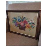 Framed Floral Needlepoint Wall Art in Basket Motif