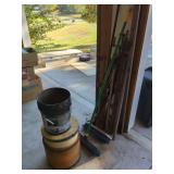 Assorted Clamps, Wooden Barrel, Brooms, and Asphalt Sealer Pail