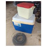 Rubbermaid Ice Chest, Coleman Cooler, and Wire Fish Basket Assortment