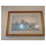 Framed Watercolor Landscape Print with Rural Scene and Signature