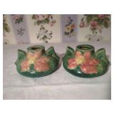 Ceramic Glazed Floral Candlestick Holders Pair