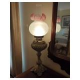 Ornate Cast Metal Electrified Gone With the Wind Lamp with Frosted and Pink Ruffled Glass Shade