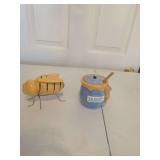 Ceramic Honey Pots with Bee and Bear Design Plus Metal Bee Stand