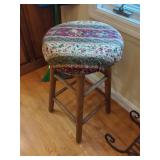 Wooden Bar Stool with Padded Floral Fabric Cushion