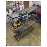 Metal Three-Shelf Utility Rack with Assorted Workshop and Garden Items