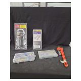 Assorted Hardware and Tools Lot including Pittsburg Pipe Wrench and US General Grease Gun